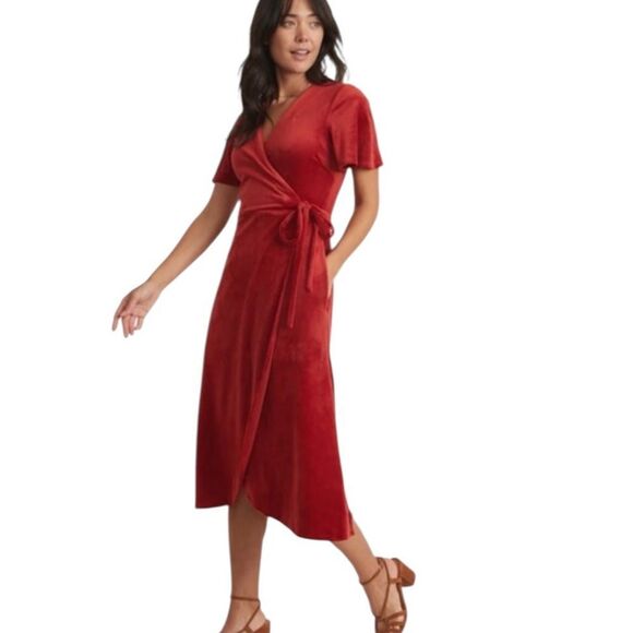 Marine Layer Viola Velour Wrap Dress - Red Dhalia XS - Picture 1 of 7